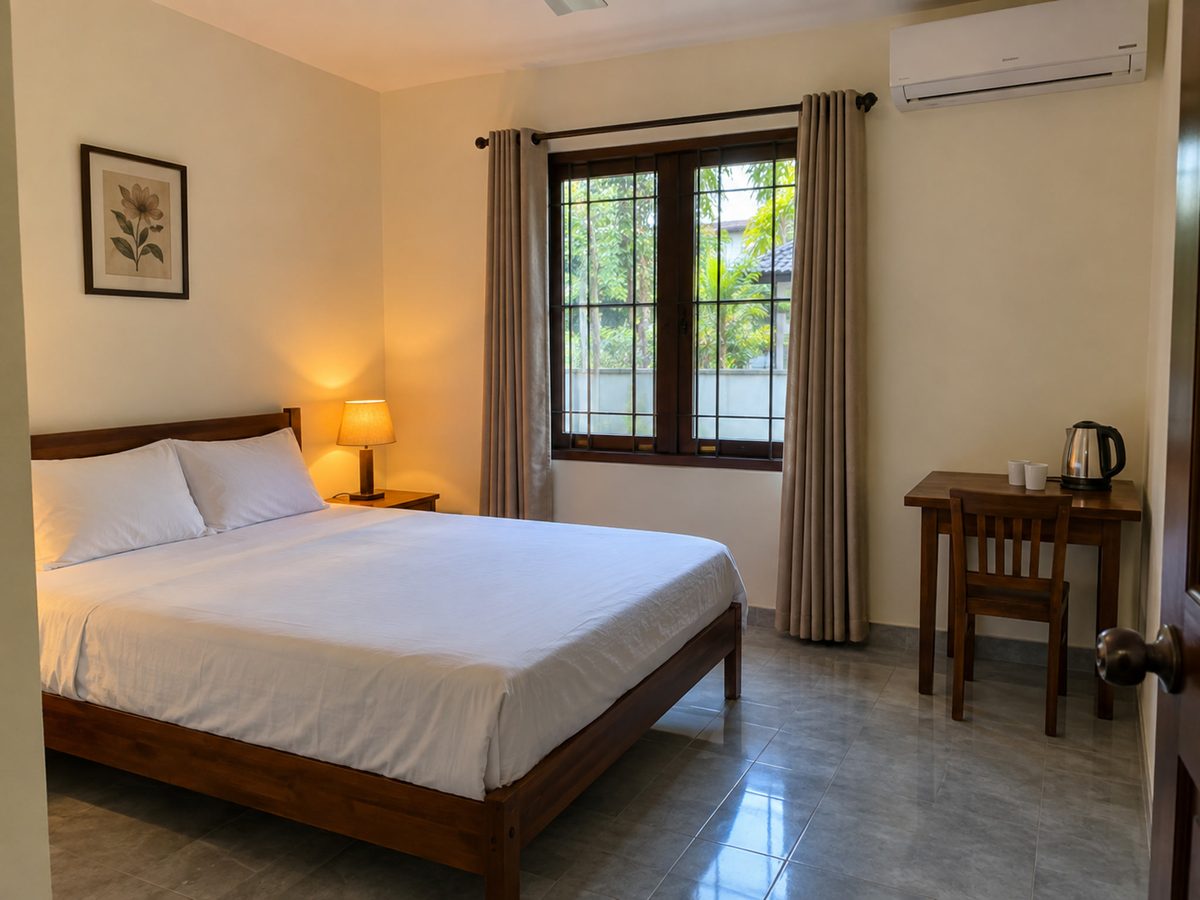 Simple AC roadside guest room with a kettle, a small table and tiled floor, late afternoon indoor light