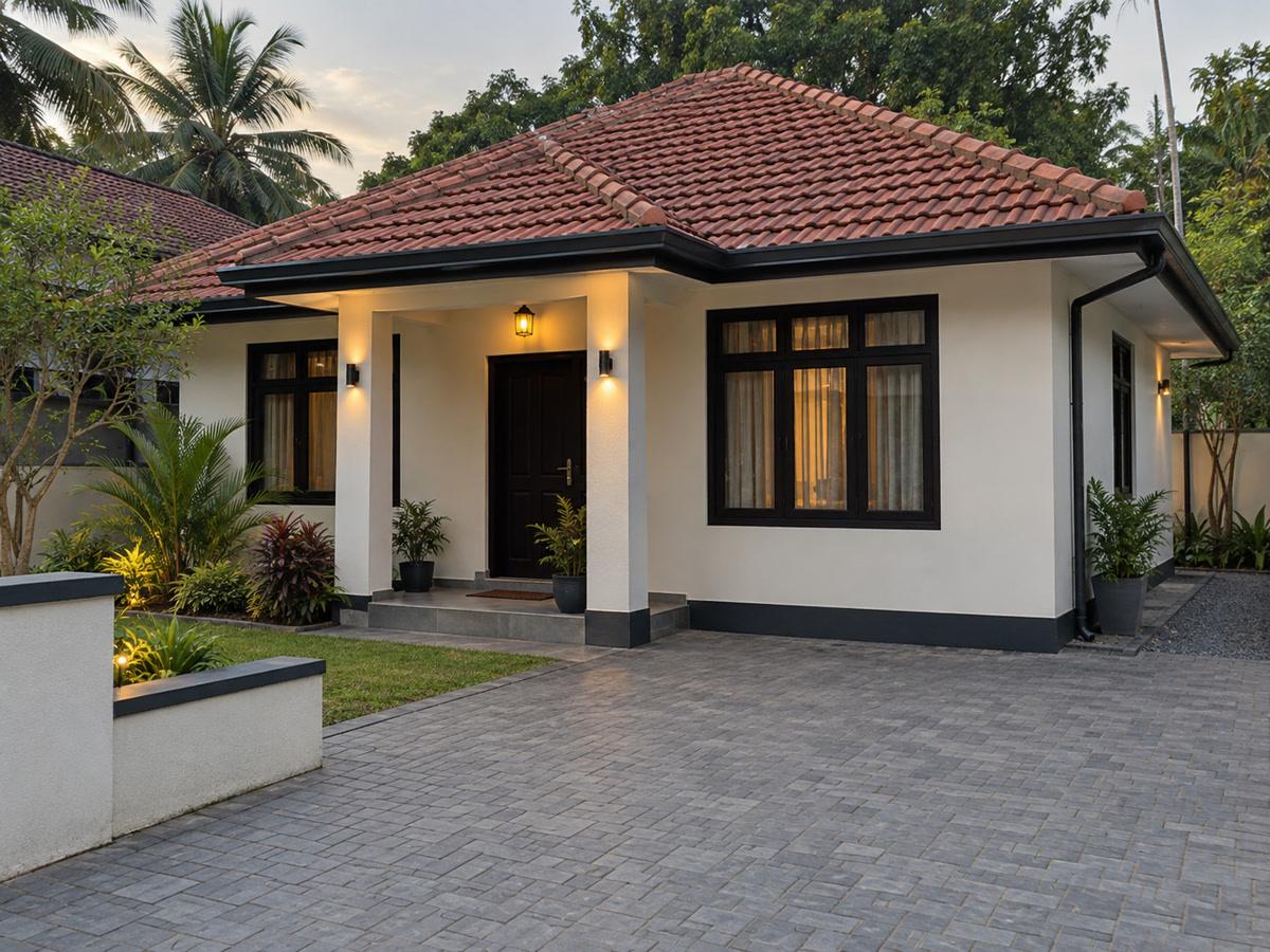 Suburban Kadawatha guest house with a tiled roof and a parked empty driveway, late afternoon, no highway in frame