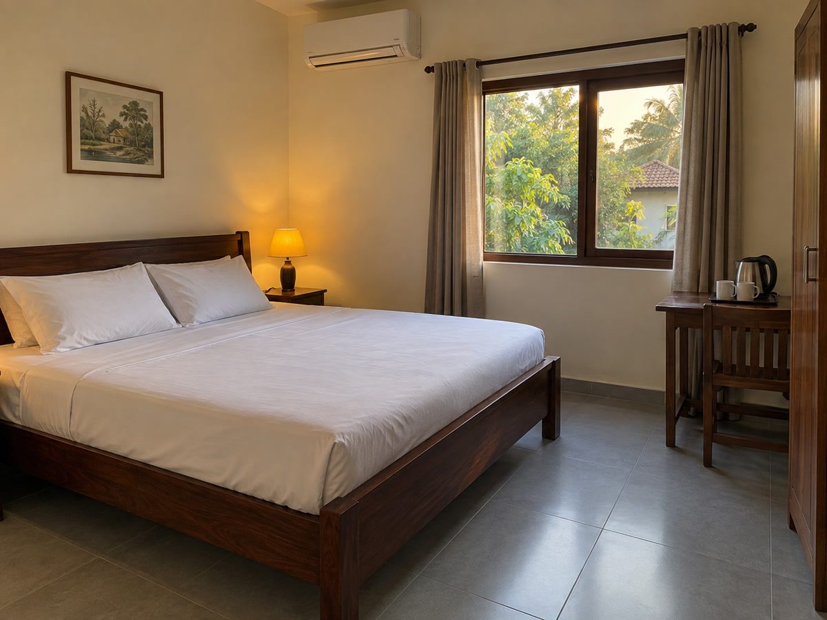 AC double room: king bed, white sheets, a small table and kettle, tiled floor