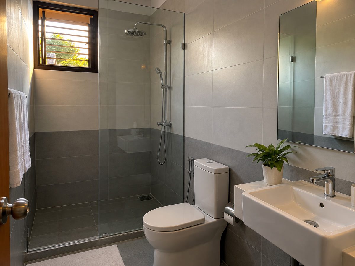 Private bathroom: tiled shower, no products with readable labels