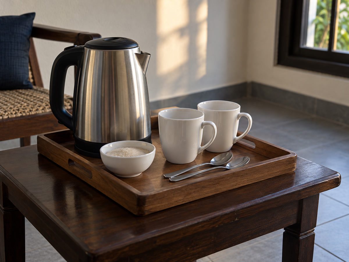 Tea tray: kettle, two cups, sugar, on a room table