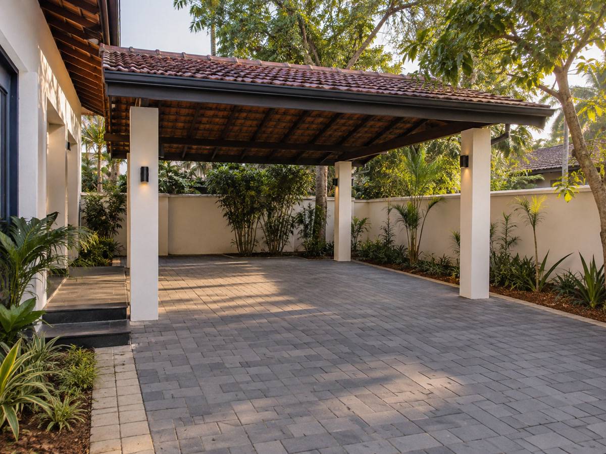 Covered parking bay beside a garden wall, laterite soil, no traffic
