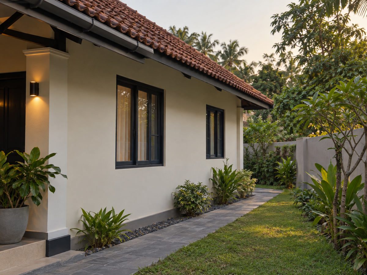 Quiet Mahara residential side of the building at 5 pm, clay tiles, no Kandy Road vehicles